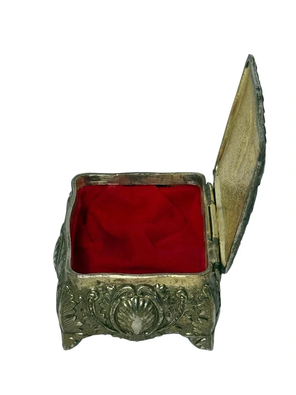 Vintage Repousse Metal Enamel Trinket Jewelry Box Courting Couple Made in Japan
